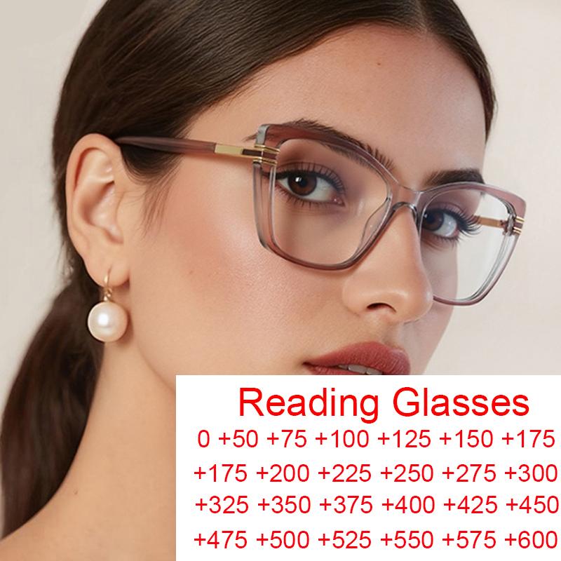 Elegant Full Rim Square Reading Glasses for Women, TR90 Frame, Clear Lenes, Magnification 0 to +6.0, blue light protection Glass
