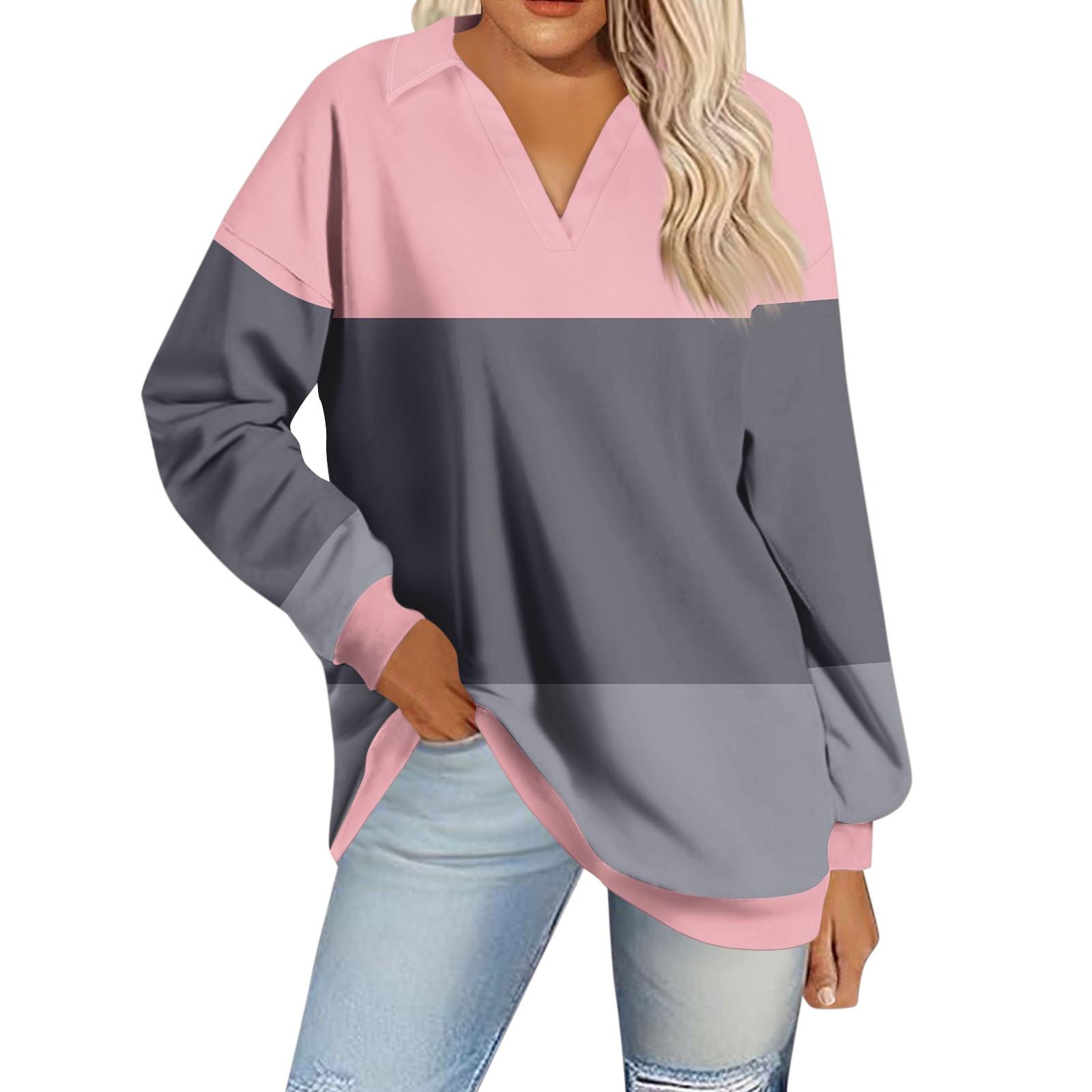 

Женская мода полосатый принт V-образный вырез длинный рукав свободный пуловер свитшот топ XXL розовый