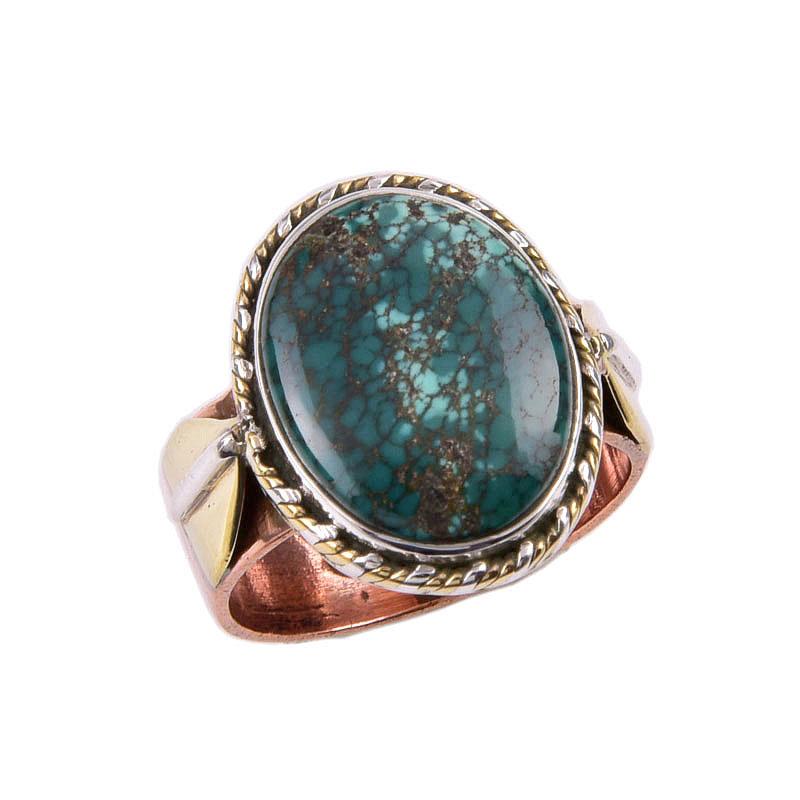 Natural Tibetan Turquoise Gemstone 925 Sterling Silver Two Tone Ring S.6.5 t4W83