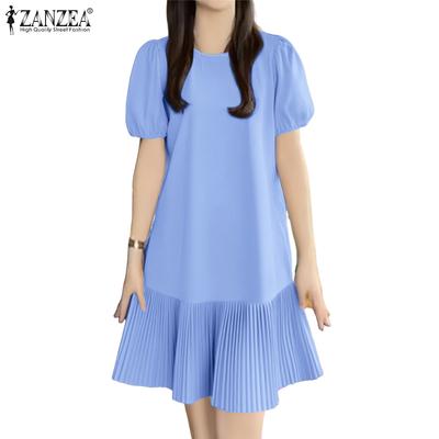 Mulheres casual em torno do pescoço vestido de manga curta de cor sólida