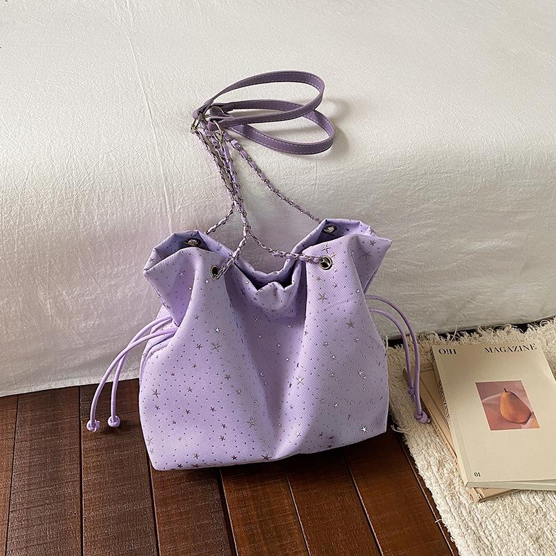 Star Print Drawstring Bucket Bag Women Casual Soft Shoulder Bag Lightweight Simple Tote Bag Large Capacity Daily Commut Hobo Bag