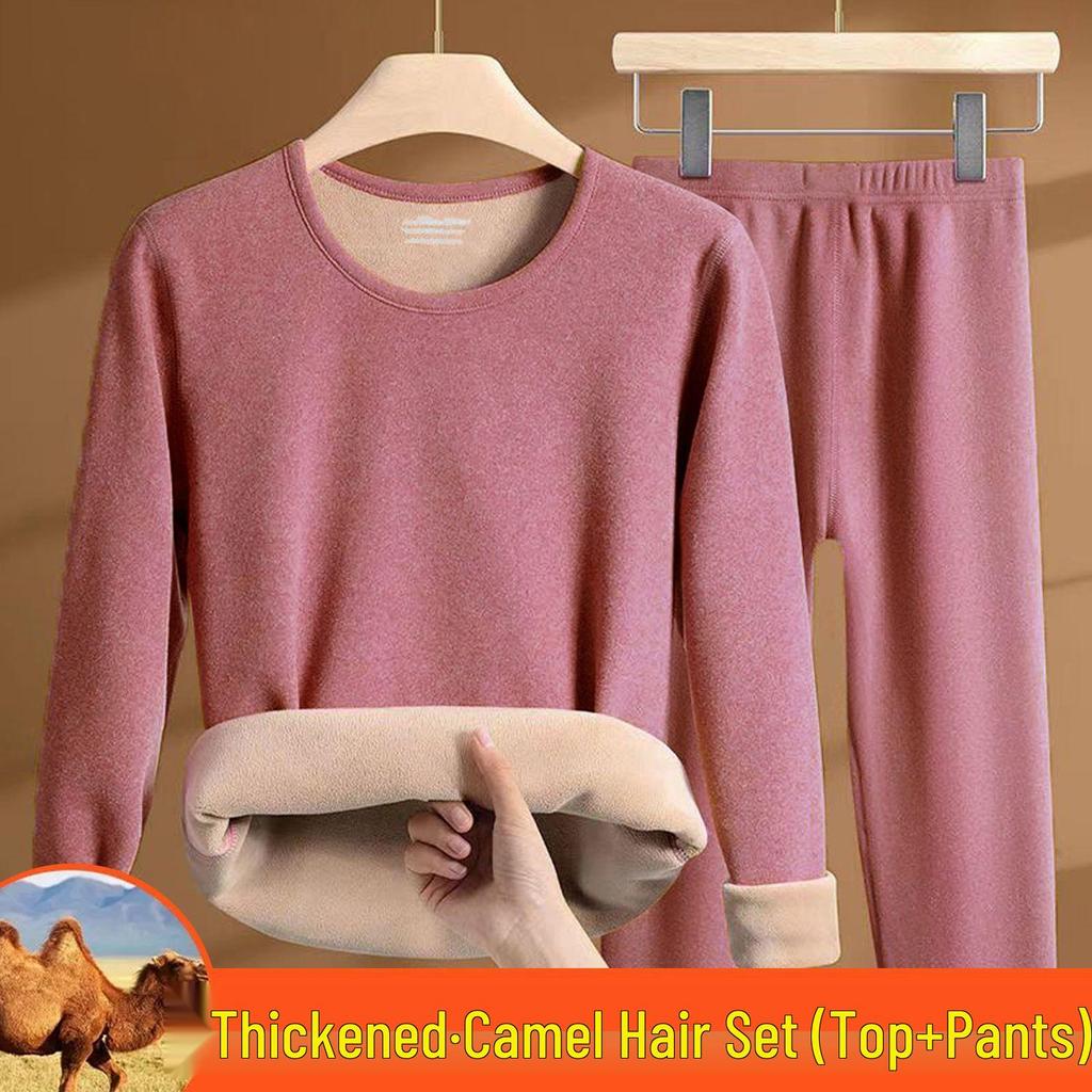Women's Camel Hair Thermal Underwear Set: Thickened Autumn/Winter, Round or Half High Neck, Super Thick and Warm.
