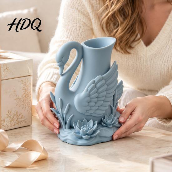 Decorative Water Plant Carving 3D Printed Swan Vase with Lotus Relief Elegant Flower Vase Desktop Romantic Bedroom Accessories Organizer for Living