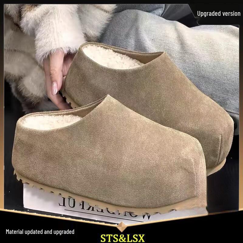 2025 Nowe Damskie Małe Zamknięte Pantofle ze Skóry Nubukowej Podwyższające Obcas Wsuwane do Noszenia na Zewnątrz