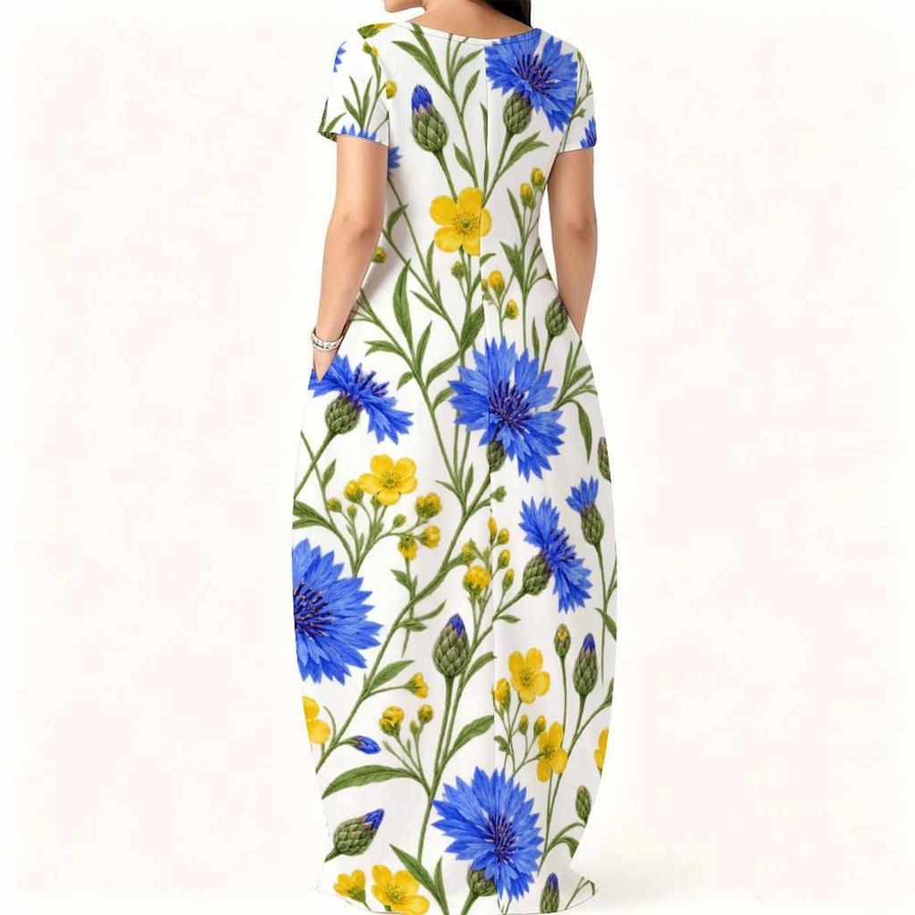 Women Plus Size Round Neck Short Sleeve Floral Printed White Maxi Dress With Side Pockets