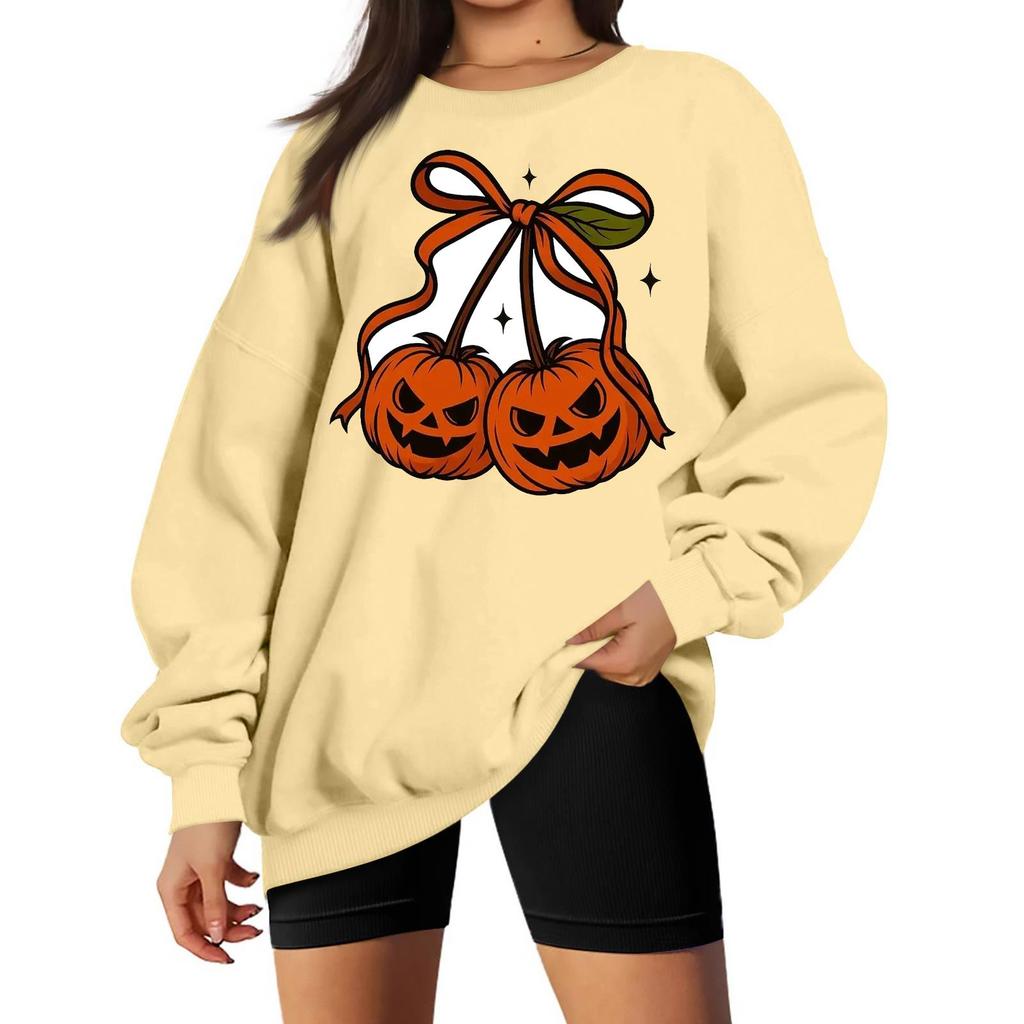 Women's Long Sleeve Neck Sweatshirt Loose Fit Casual Pullover Top with Small Halloween Print
