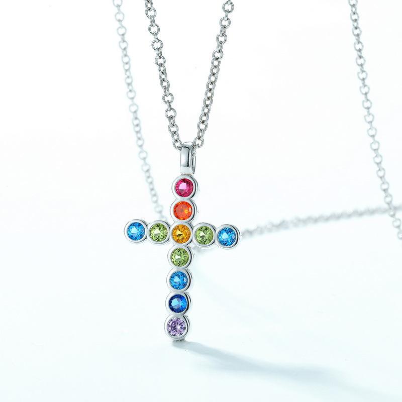 Rainbow Cross Pendant Necklace S925 Silver Inlaid with Precious Zircon Collarbone