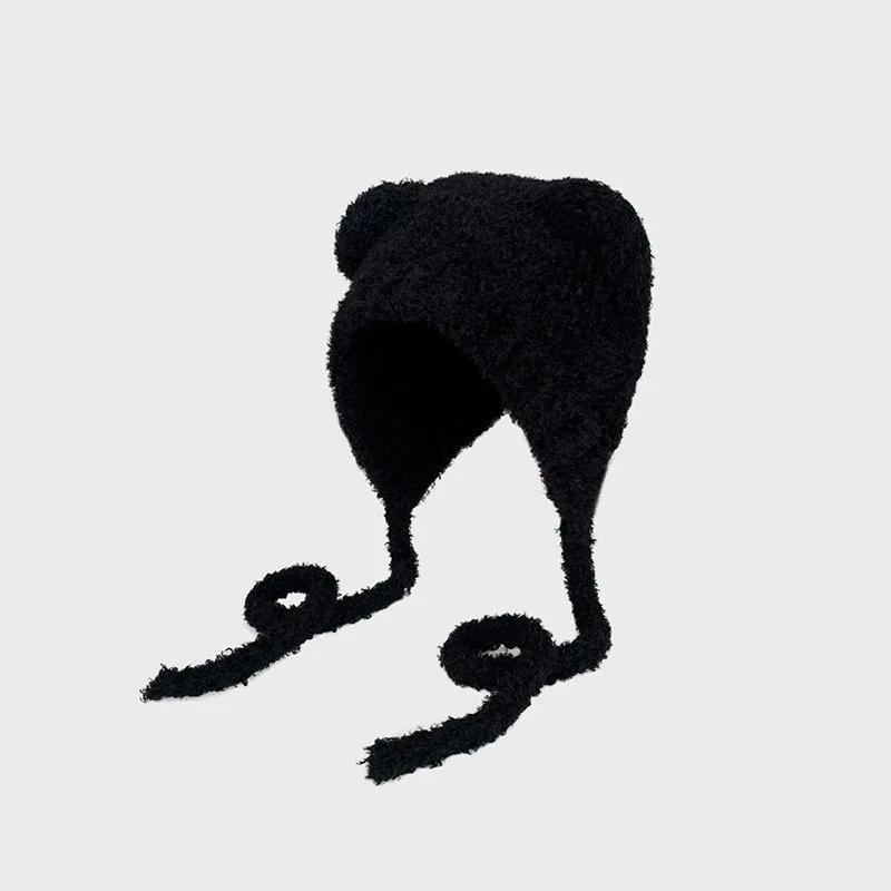 Nowe ciepłe czapki dziergane Y2K, urocza czapka wełniana z uszami misia, modna czapka wiatroodporna chroniąca uszy, czapki szydełkowe, jesienne zimowe czapki beanie