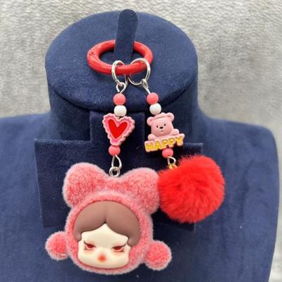 Cute SP Girl Mini Flocking Cartoon Kawaii Particles Labubu Phone Chain Keychain Backpack Pendant Shoulder Bag Phone Charm Key Chain Gift