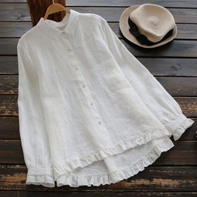 Casual Cotton Linen Long Sleeve Shirt Women's Spring Autumn Turn-down Collar Loose Fit Button Detail Artistic Sle Pure Color