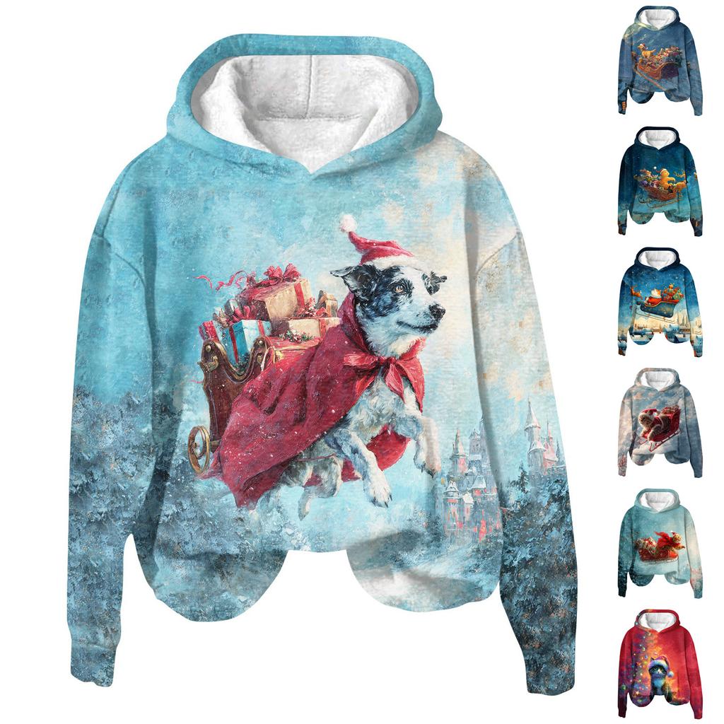 Women's Fashion Long Sleeve Christmas Print Loose Hooded Sweatshirt Top