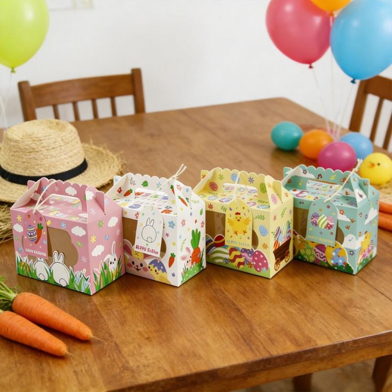 12Pcs Easter Themed Gift Packaging Boxes with Handles and Clear Window Candy Chocolate Holder Case for Holiday Supplies