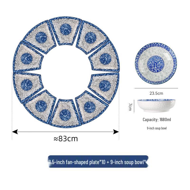 Blue and White Porcelain Fan-shaped Dinnerware Set