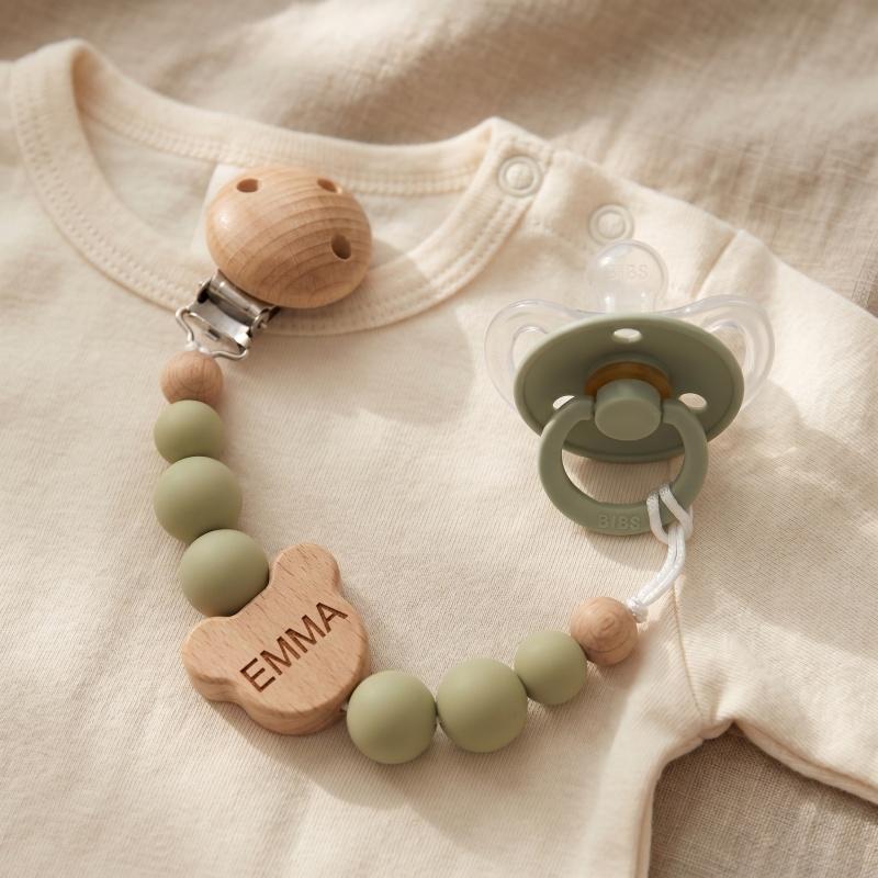 Personalized Wooden Pacifier Clip BPA Free Silicone Beads Dummy Chain Baby Teether Holder Custom Name Soother Gift
