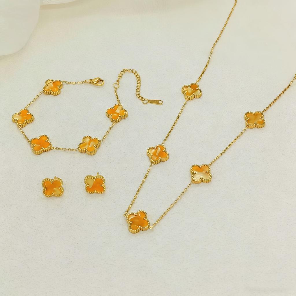3PCS Double-sided Fritillary Titanium Steel Four-leaf Clover Five-flower Bracelet, Five-flower Necklace & Earring Set Gift