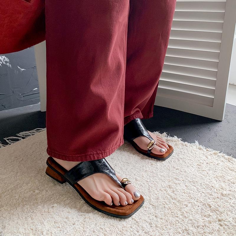 Mode Klassische Dicke Mittelhohe Absätze Flip-Flops Damen Lässige Hausschuhe Hochwertige Echtleder Sandalen Damen Pumps Sandalen Damen