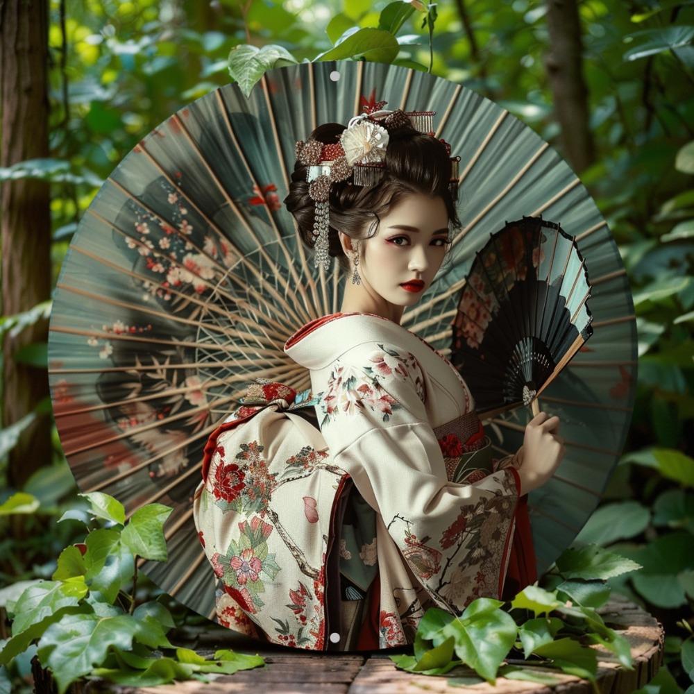 

Japanese Kimono Woman with Umbrella Metal Wall Art Round Aluminum Decor Home Office Gift білий