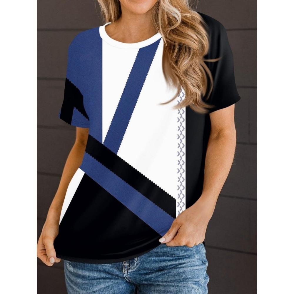 3D Printed Pattern T-shirt, Summer and Spring Short Sleeved Round Neck Casual Top, Women's Clothing