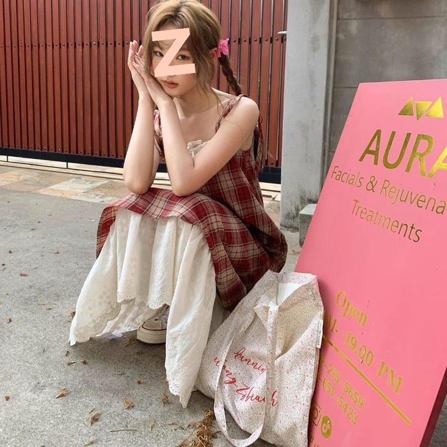 Lace Patchwork Check Suspender Dress Women Summer New Style Loose Fit Slimming Fake Two Piece Dress