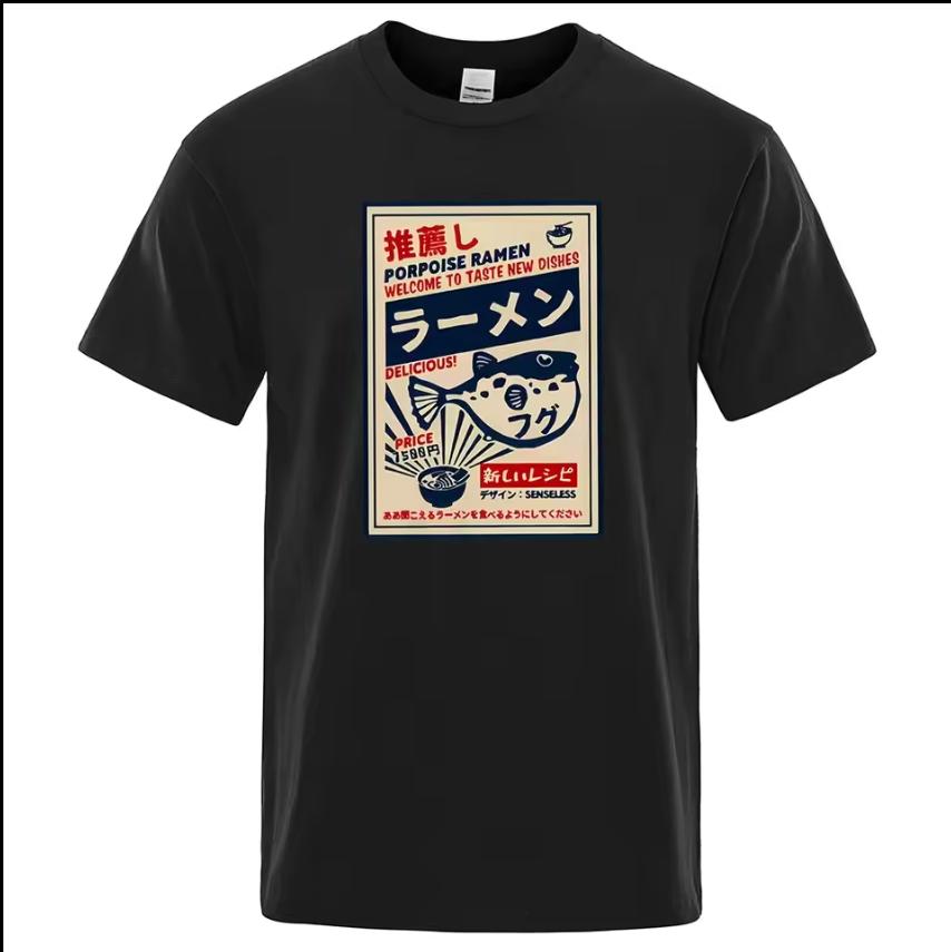 Japanese Menu Poster T-shirt Puffer Fish Ramen Men's Summer 100% Pure Cotton Fun and Fashionable Men's T-shirt Comfortable