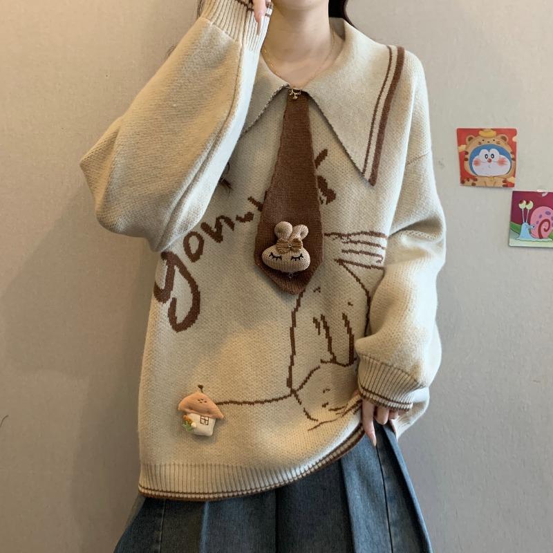 Свитер в стиле колледжа с воротником-стойкой и вышивкой кролика, женский, свободный крой, трикотаж, осень XXL хаки