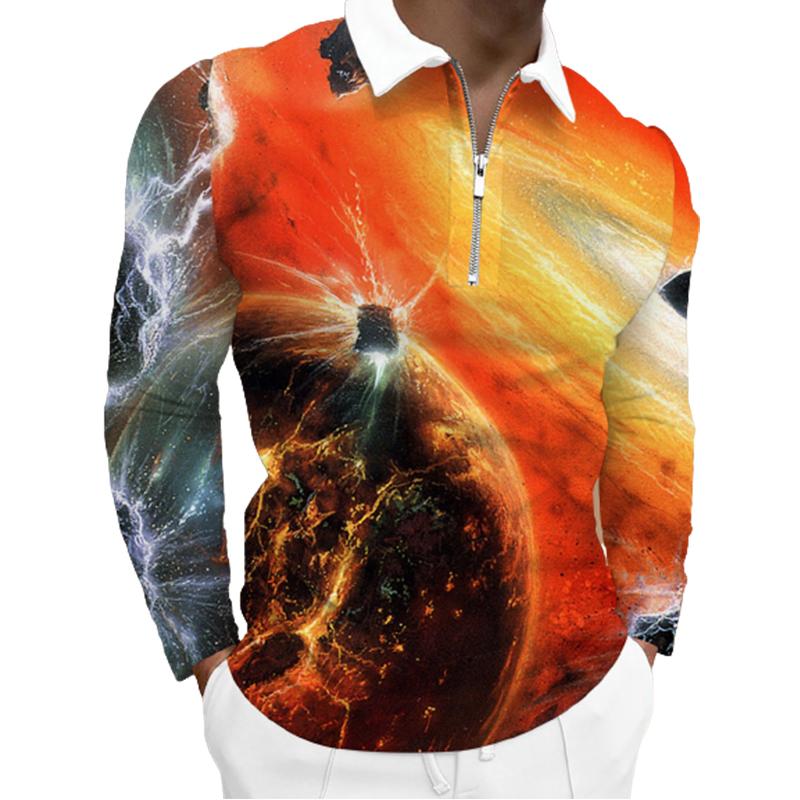 

Мужские рубашки поло с длинным рукавом, модная оранжевая футболка с принтом взорванного огненного шара, новая мужская рубашка поло, футболка на молнии с длинными рукавами, топ