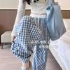 Contrast Color Black and White Plaid Wide-leg Pants Lazy Wind Loose Drawstring Elastic Waist Straight Casual Pants