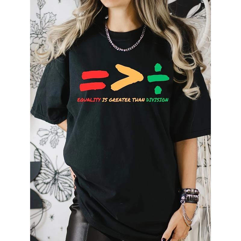 

Women s 100% Cotton Equality Is Greater Than Division Graphic T-Shirt - Casual Round Neck Social Justice Tee with Vibrant Letter Print S чёрный