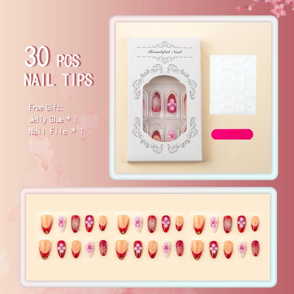 30-Piece Set: High-Grade 3D Floral Rhinestone French Almond Wearable Brown Nails.