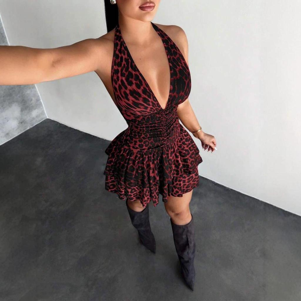 2026 Retro Leopard Print Backless Lace-up Slimming Short Dress