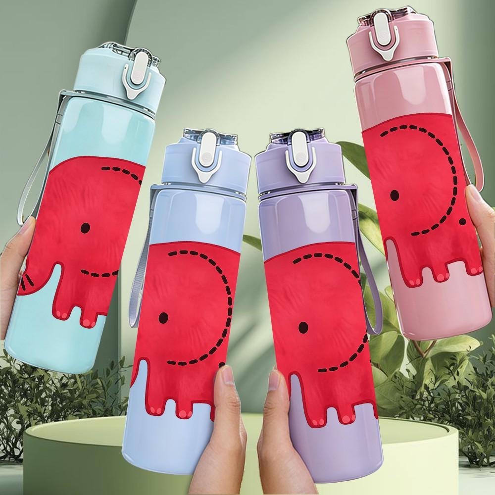 1PC Cute Red Elephant Cartoon Print 750ml Color Plastic Sports Water Bottle Leakproof Flip Straw Lid Suitable for Sports Office Home Use