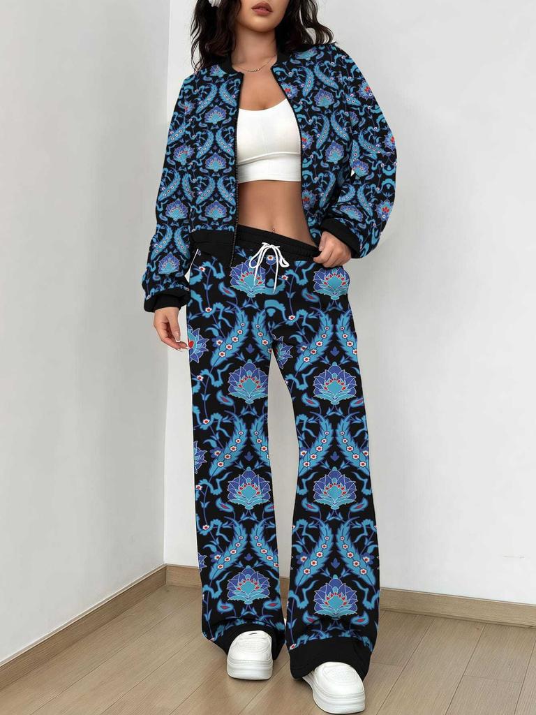 Splicing Autumn and Winter New European and American Women's Clothing Retro Pattern Printing Suit Women