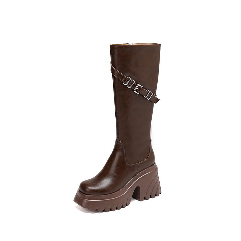 Womens Chunky Heel Knee High Boots 10cm Platform Square Toe British Style Fashion