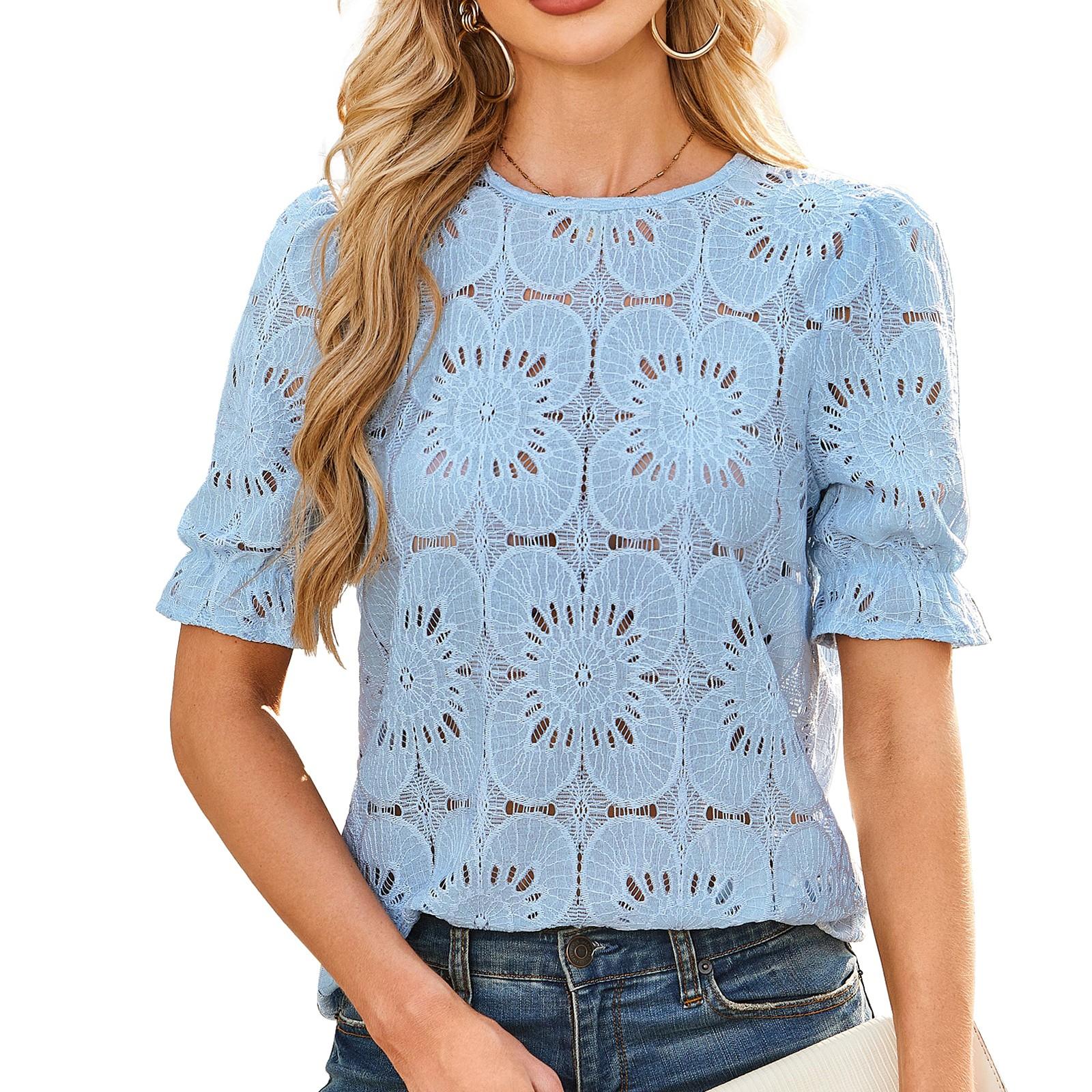 

Женская модная повседневная рубашка с короткими рукавами и кружевом-пузырем XL небесно-голубой