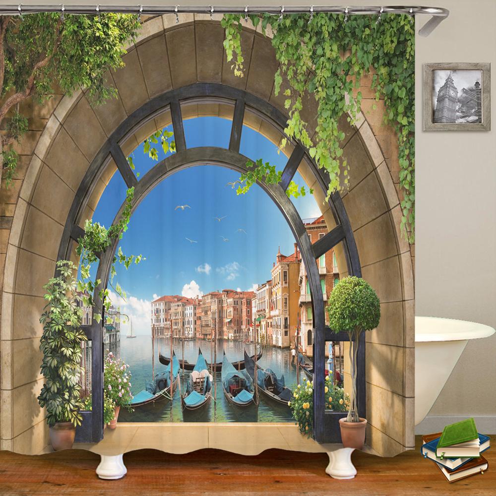 3D window opening scenery window landscape printed shower curtain mildew washable curtain bathroom decoration with hooks curtain