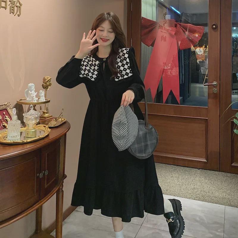 Women's Retro Hepburn Style Navy Collar A-Line Dress - Slim Fit for Autumn & Winter