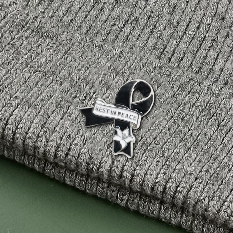 2Pcs Enamel Metal Funeral Ribbon Lily Brooch Pins Memorial Lapel Badges Jewelry Accessories Gift
