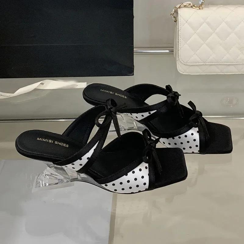 

Модные Элегантные Шлепанцы на танкетке с бантом-бабочкой и в горошек Женские Модные Сандалии с прозрачным высоким каблуком и квадратным носком Сладкий Дизайнерский Бренд Обуви 39 чёрный