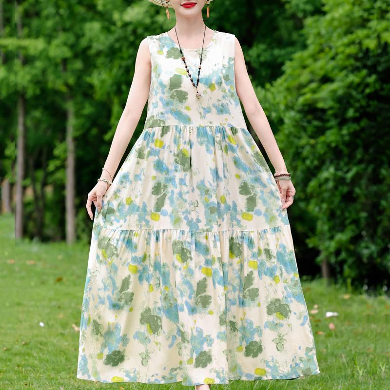 Elegant Sleeveless Dress for Women Plus Size Short Sleeve Vintage Print Long Dress Summer Casual Middle-aged Women's Clothing