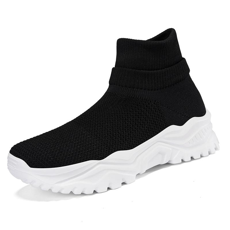 Women's Fashionable Off-White Mid-Top Socks Sneakers Easy To Put On and Take Off Mesh Thick-Soled Knitted Shoes Lightweight and