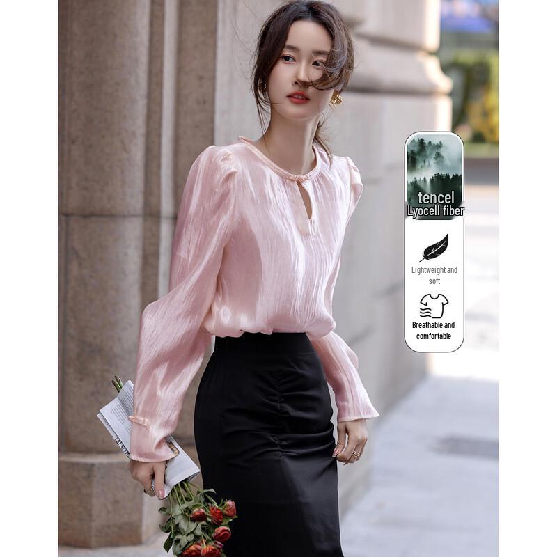 Demana Fashion Editor Spring Lyocell Puff Sleeve Disc Button Shirt L
