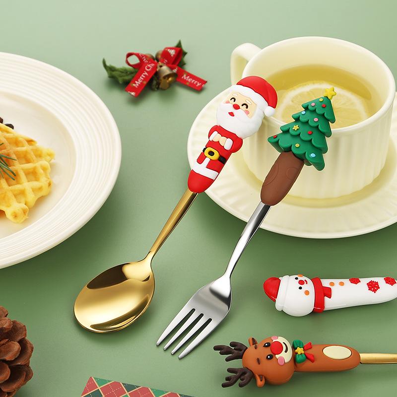 Festive Christmas Cutlery Set: Stainless Steel Cartoon Santa Spoons & Forks In Gift Box