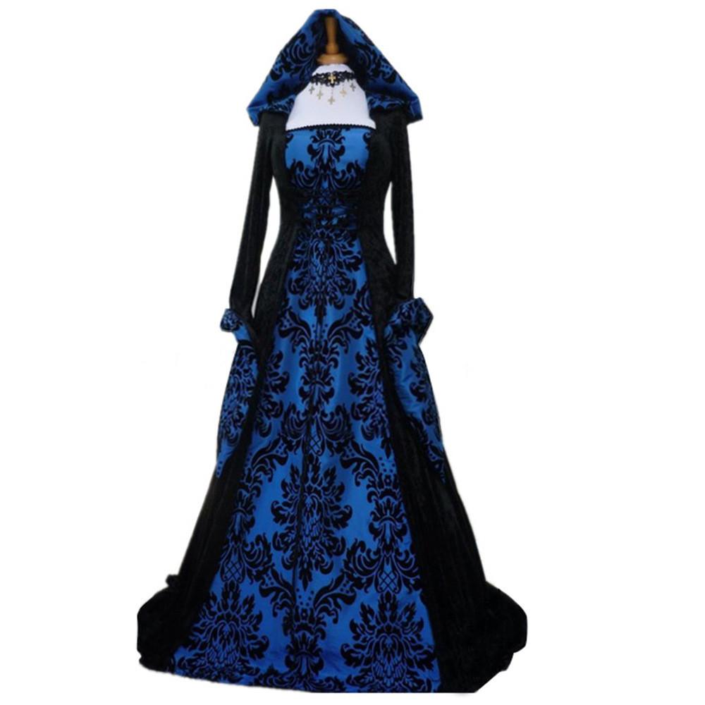 Long Hooded Sleeved Dress Draw In Waist Printed Court Skirt Cosplay Costume