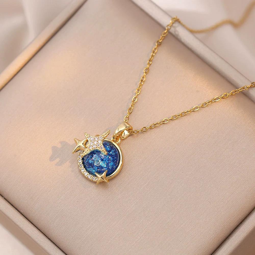 Planet Saturn Titanium Steel Chain Necklace Women's Light Luxury Transparent Crystal Sweet Cool Clavicle Neck Chain Jewelry