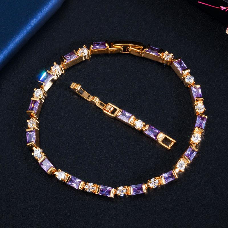 S0160 Option Multicolore, Bracelet Zircon Carré Rond, Bijou de Main Plaqué Or Véritable.