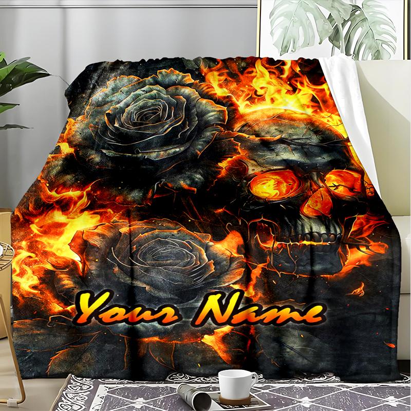 1PC Custom Name Roses Skulls Outdooor Flannel Blankets Patterns Throw Blanket All-Season Soft Gift for Couch, Bed, Camping Gifts