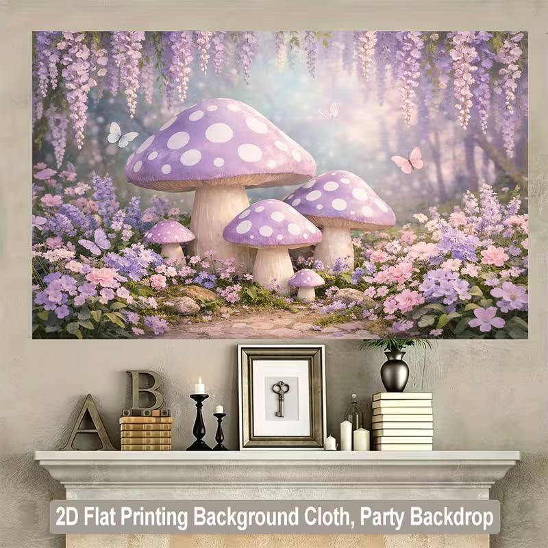 2D Whimsical Pastel Mushroom Forest Backdrop with Wisteria Photo Background