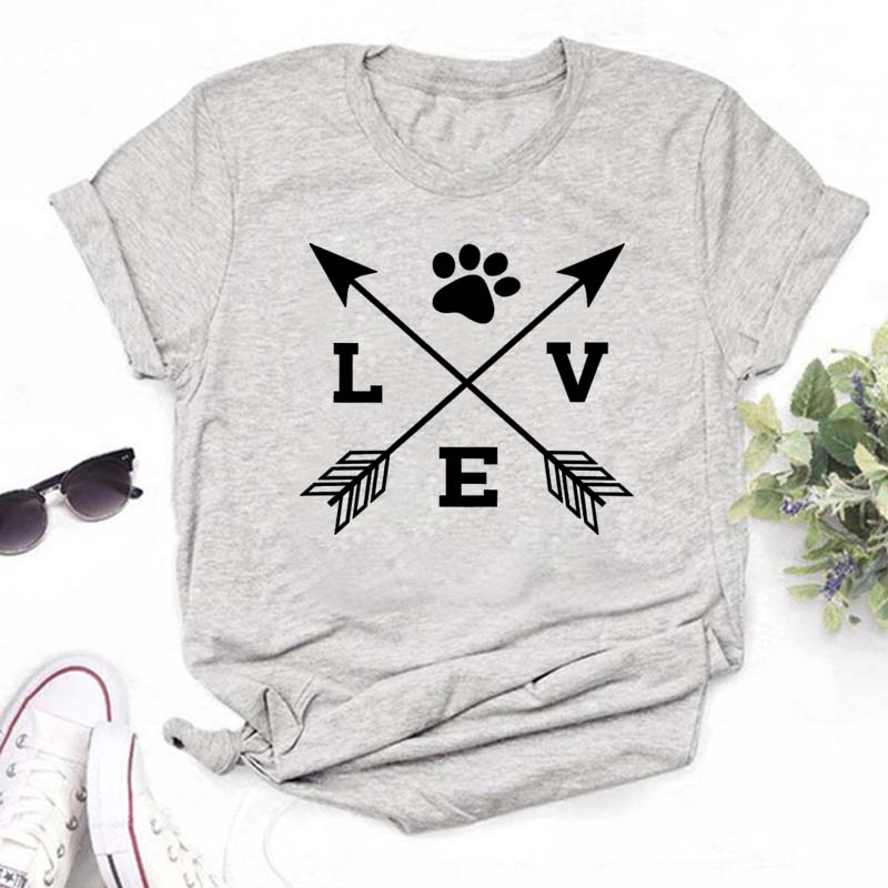 Women Dogs Paws Love Heart Printed T-shirts Fashion Summer Short Sleeve Lady Womens Clothes Tops T-Shirt Black Shirt Tees Female