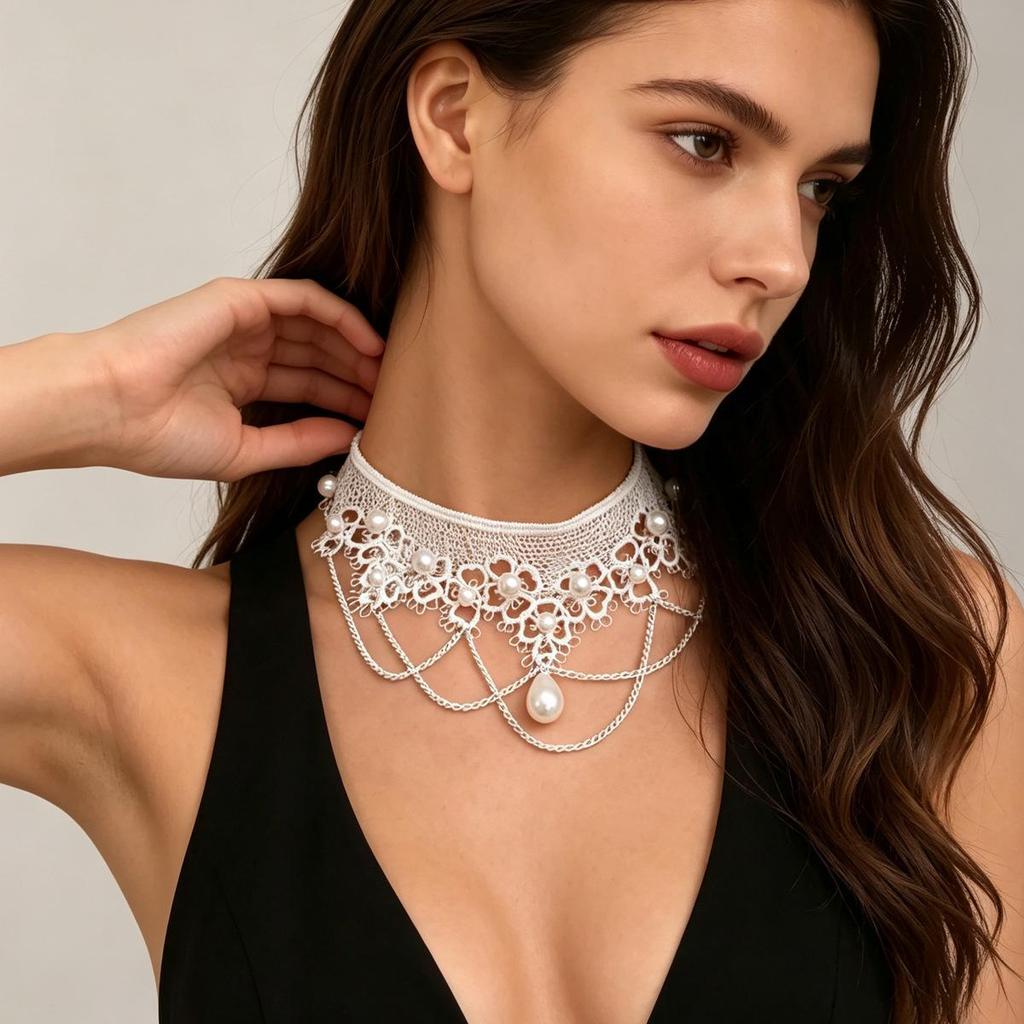 Retro Pearl Lace Choker Necklace: High-End, Versatile Clavicle Chain for Women