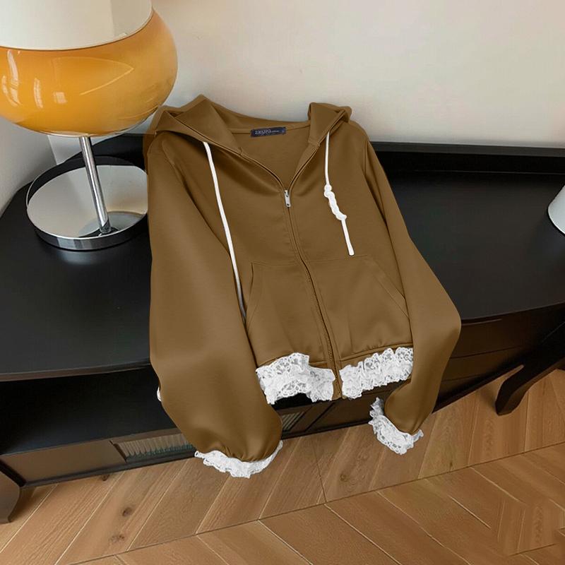 

ZANZEA Women Casual Hoodies Long Sleeve Lace Splice Zipper Sweatshirts 5XL хакі